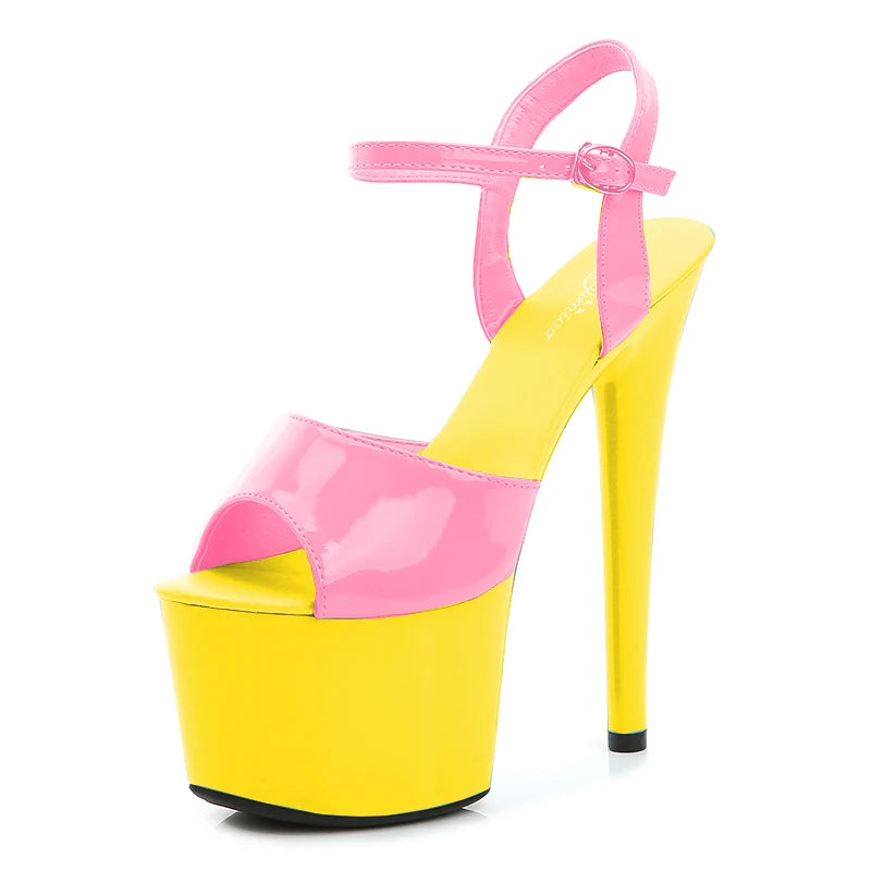 Pink and yellow platform sandal on a white background