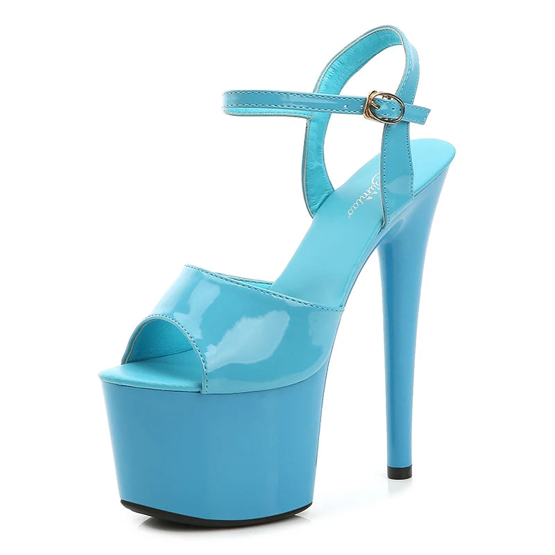Blue high-heeled platform sandal on a white background