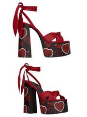 Floral Platform Bow Ankle Strap Heels