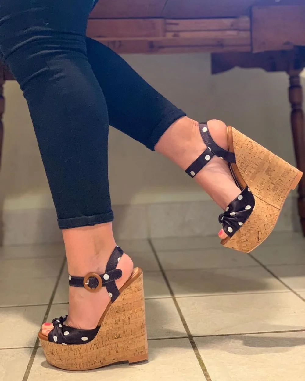 Polka dot platform wedge sandals with ankle strap