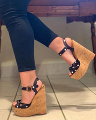 Polka dot platform wedge sandals with ankle strap