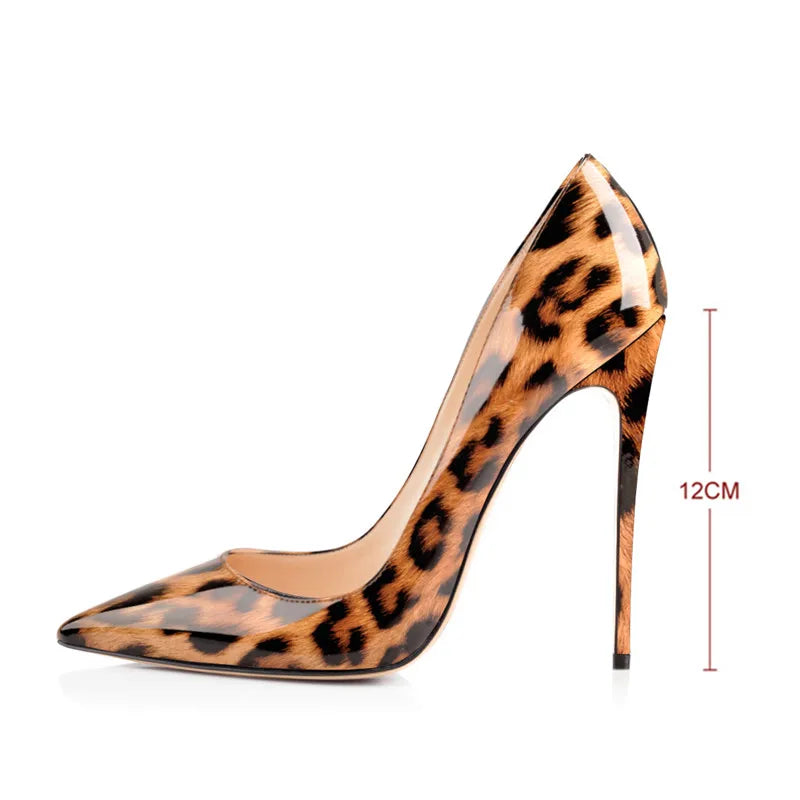 Pointed toe patent leopard print stiletto heels with heel height measurement