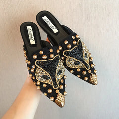 Metal Studs Crystal Pointed Toe Mules Shoes