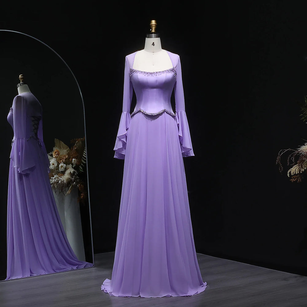 Purple evening gown on a mannequin against a dark background