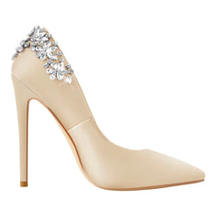 Champagne satin pointed toe stiletto heel with crystal embellishments at the back.