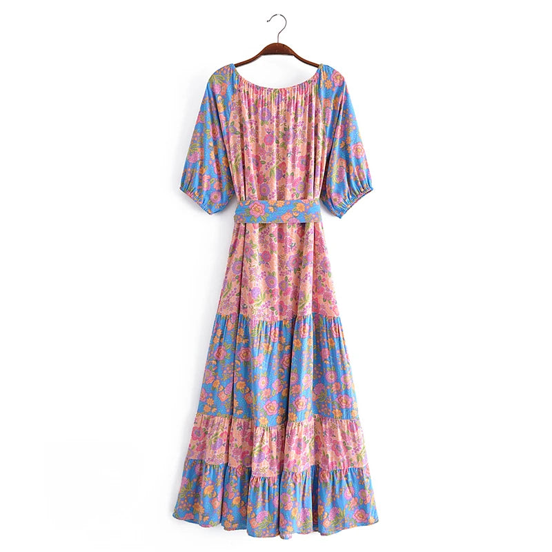 Boho floral print maxi dress flat lay front view