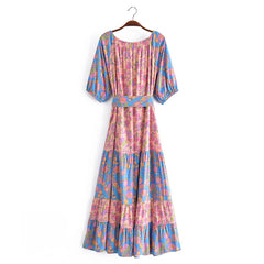 Boho floral print maxi dress flat lay front view