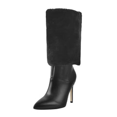 Black stiletto boot with pointed toe and fur trim