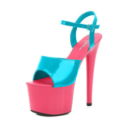 High-heeled sandal with pink platform and blue straps on a white background