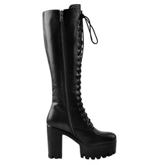 Black platform lace-up round toe knee-high boots, side view with zipper.