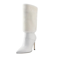 White stiletto boot with pointed toe and fur trim