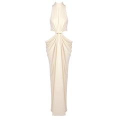 Elegant white halter neck gown on a white background
