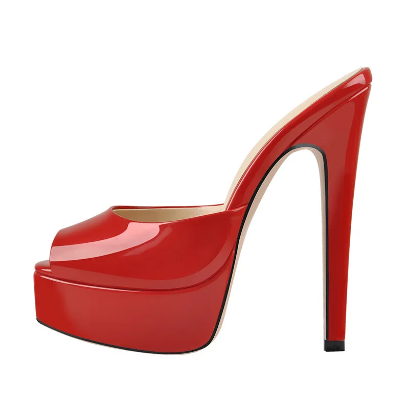 Red patent leather platform stiletto peep toe mule sandal.
