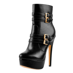 Black faux leather platform stiletto ankle boots featuring gold-tone buckle hardware and a side zipper.