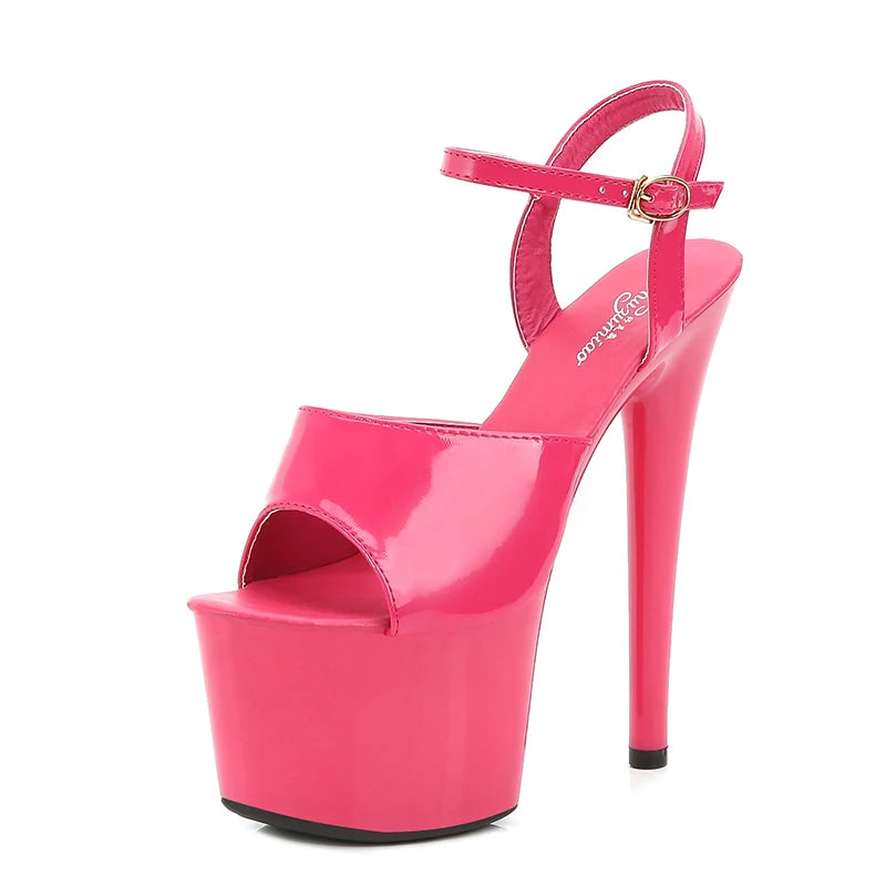 Pink high-heeled platform sandal on a white background