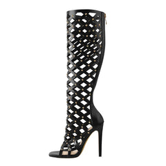 Cutout Studded Stiletto Knee High Boots