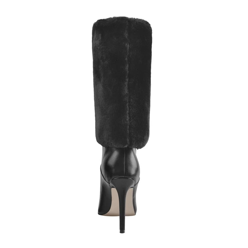 Back view of black stiletto boot with pointed toe and fur trim