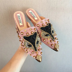 Metal Studs Crystal Pointed Toe Mules Shoes