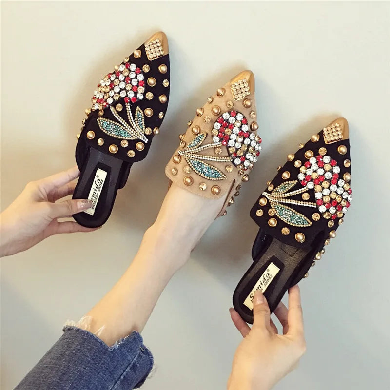 Crystal Cherry Mules Pointed Toe Metal Studs Shoes