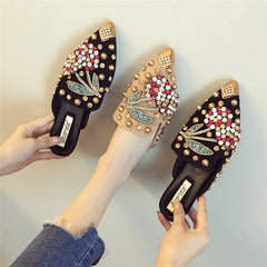Crystal Cherry Mules Pointed Toe Metal Studs Shoes