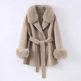 Beige coat with fur trim