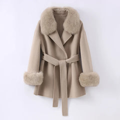 Beige coat with fur trim