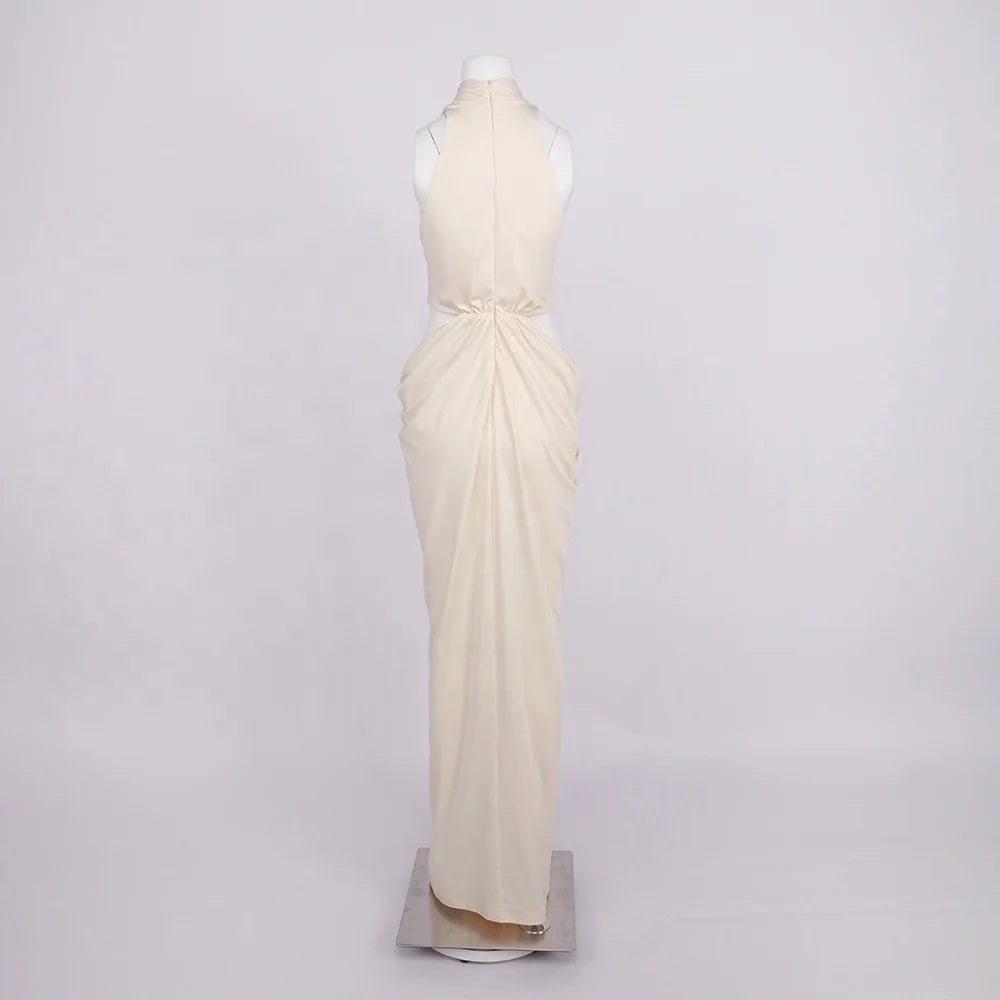 White evening gown on a mannequin against a light gray background