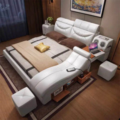 Modern Beige Top Grain Leather Cabinet Bed Bedroom Furniture