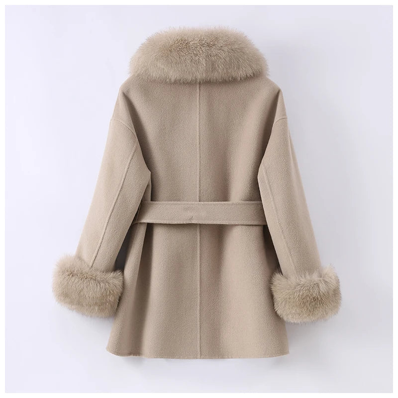 Beige coat with fur trim- back