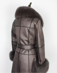 Gray coat with fur trim on a white background