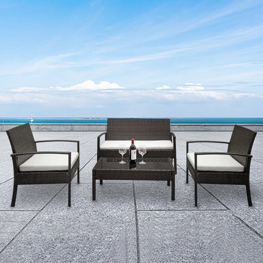 Rattan Arm Chairs Love Seat & Tempered Glass Table Set