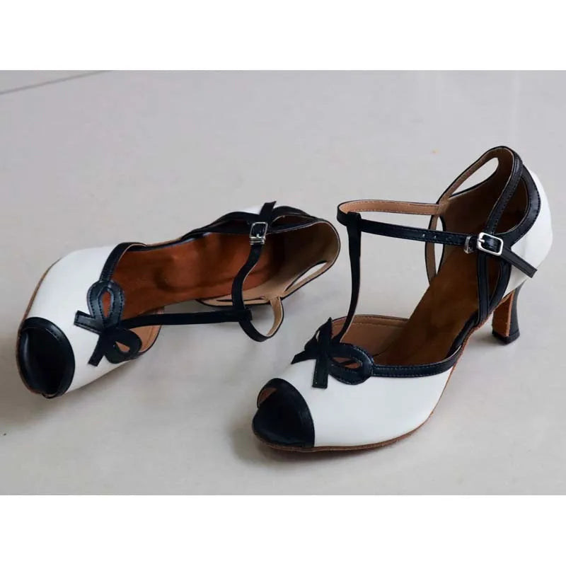 Close-up of a T-strap dance heel with peep toe