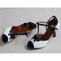 Close-up of a T-strap dance heel with peep toe