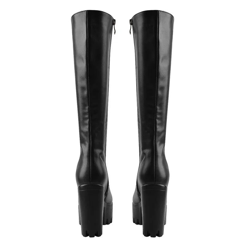 Black platform lace-up round toe knee-high boots, back view.
