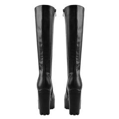 Black platform lace-up round toe knee-high boots, back view.