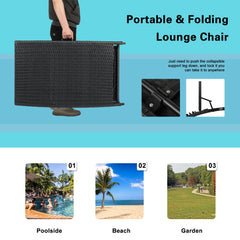 Folding Table Black PE Cane Iron Frame 2 Beds Furniture Set 3 pcs
