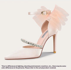 Pink lace thin heel pump styled with a dress for a party or a wedding on a white background