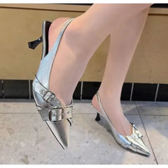 PU insole summer heels styled for office and evening occasions with decorative buckles worn by a person on a tiled floor.