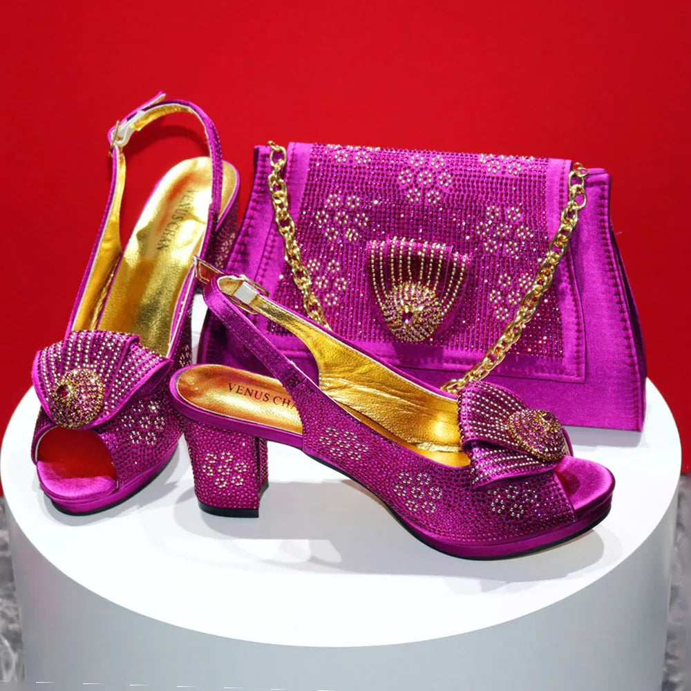 Pair of pink high-heeled shoes with matching handbag on a red background