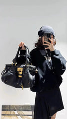 Gold Lock Leather Tote Bag