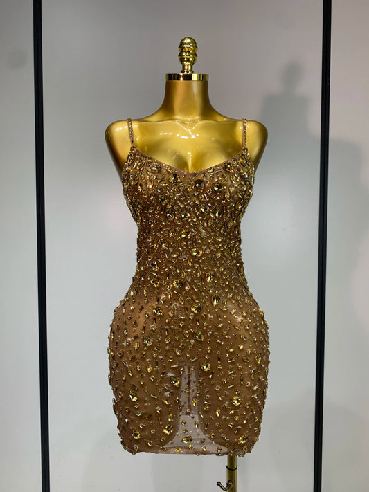 Gold embellished sheer mini dress