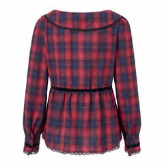 Plaid Peter Pan Collar Velvet Bow Peplum Top