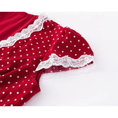 Red Polka Dot Midi Dress - Lace Trim V-Neck Holiday Robe