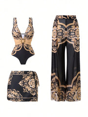 One-Shoulder Swimsuit with Oversized Flower Detail and Matching Printed Sarong Set