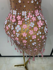 Diamond Appliqued Flower See Through Mini Dress