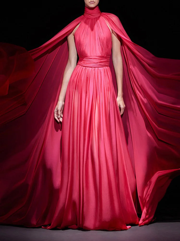 High neck flowy chiffon cape dress on model