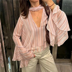Striped V neck Flare Sleeve Top