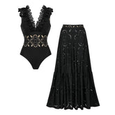 Black one-piece swimsuit with ruffled V-neck and laser-cut waist detail