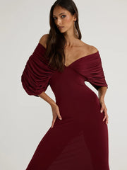 Burgundy draped off-shoulder ruched maxi dress close-up