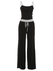 Black Polka Dot Trim Cami Top and Wide-Leg Pants Set